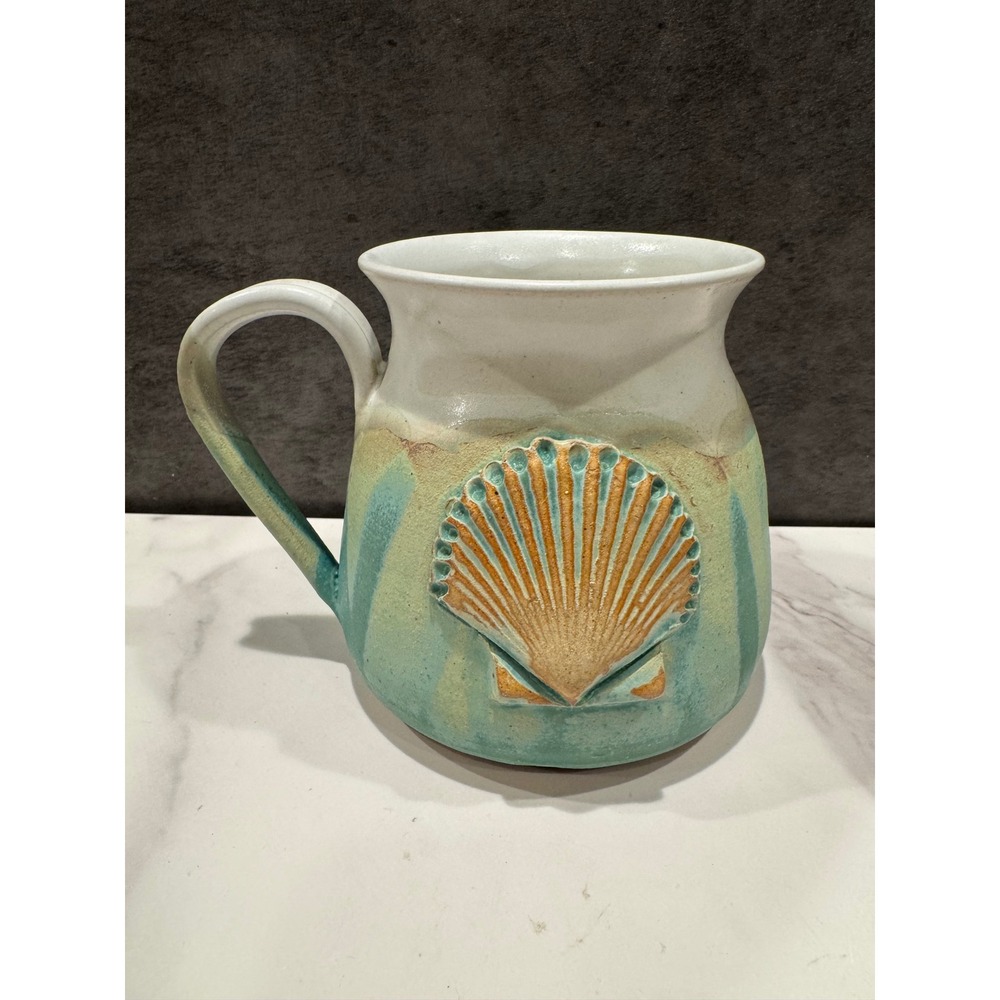 Studio Pottery Seashell Mug Coastal Turquoise Drip Glaze Handcrafted Stoneware